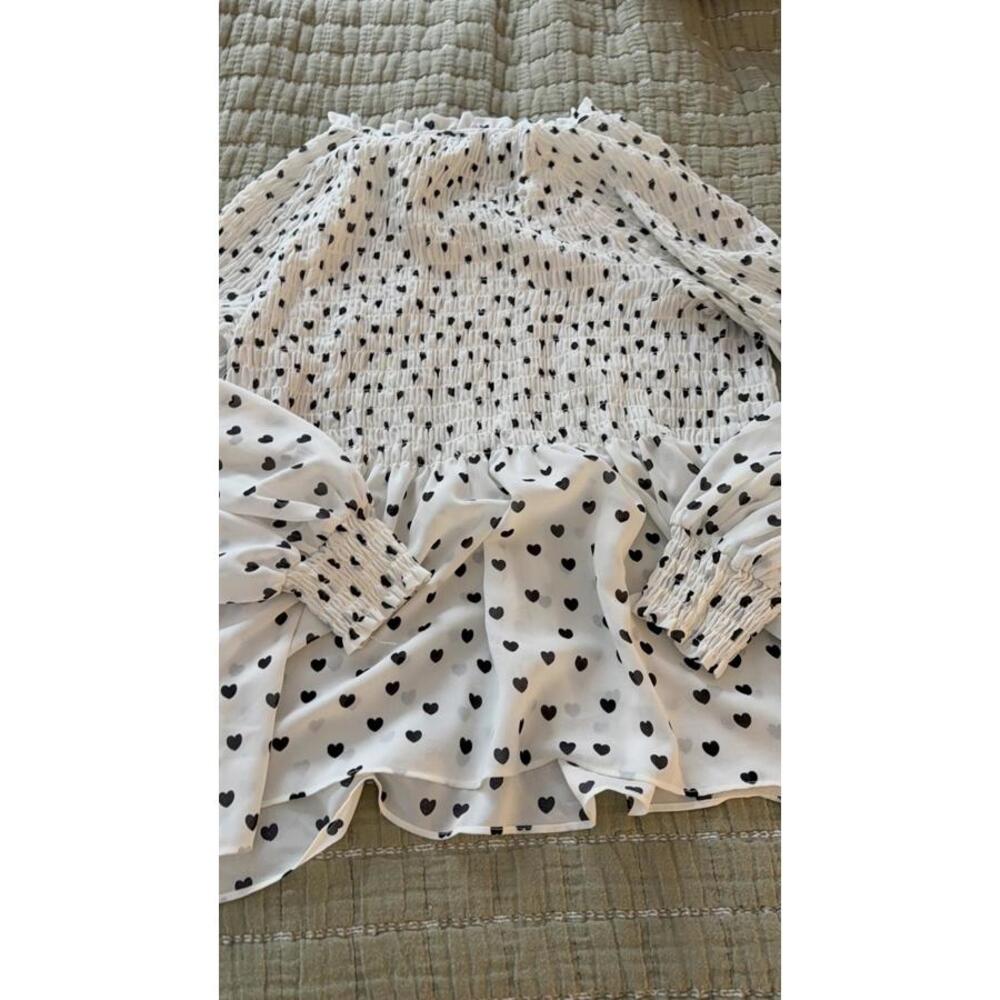 ROSE + OLIVE SZ L White/Black Heart Peplum Smocked Long Sleeve Blouse Romantic - Picture 8 of 9
